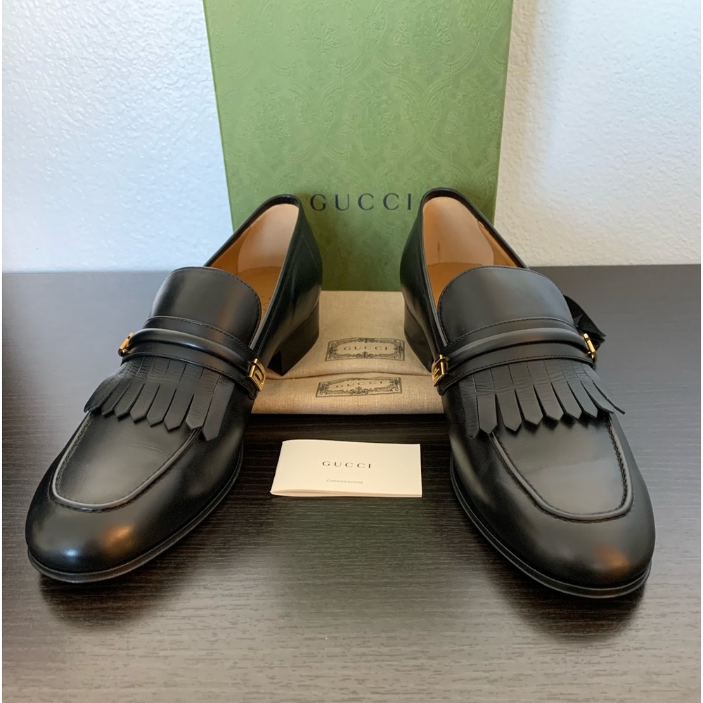 MEN'S GUCCI MIRRORED G FRINGE BLACK WITH GOLD LOAFER SIZE 12 GUCCI/SIZE 13 US